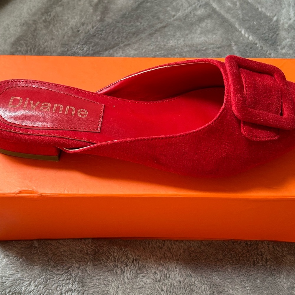 Annie Red Suede Pointed Buckle Mules - Picture 2 of 4